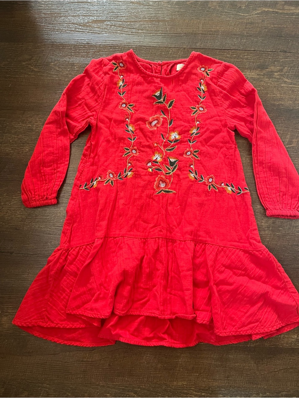 Zara Girls Red Floral Embroidered Long-Sleeve Dress